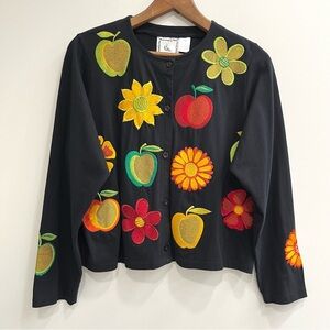 Michael Simon "lite" Black Cardigan Jacket Embroidered Fruit Novelty Print Large